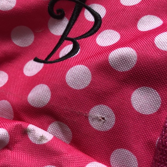 Pink and white polka dot “B” duffle bag with strap and front zipper small pocket - Picture 7 of 16